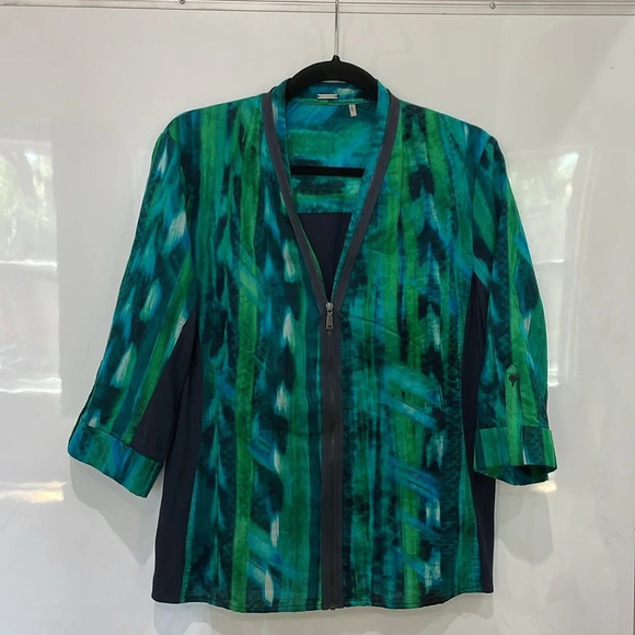 Elie Tahari Green Blue Abstract Print Zip Blouse Size Large - Picture 2 of 12